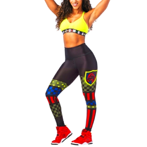 Zumba High Waisted Flag Ankle Leggings size Medium Marvelous Black Blue Red NWT - Picture 1 of 3